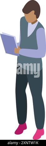 Office worker standing and reading document isometric icon, business people concept Stock Vector