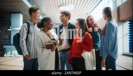 Diverse Group of Students Engaging in a Lively Discussion in a Modern University Library. Young Adults With Books and Backpacks Sharing Ideas, Smiling and Learning Together in an Educational Setting. Stock Photo