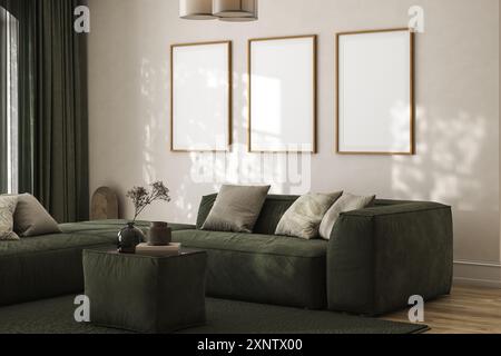 Interior design of living room with mock up posters, stylish modular green sofa, coffee table, plants, pillows, plaid, neutral room divider, decoratio Stock Photo