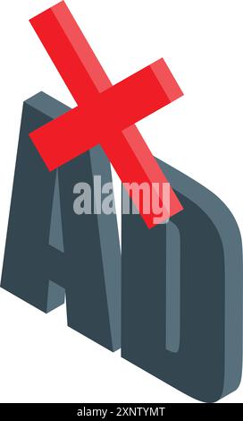 Red cross is removing ads from website, isometric icon Stock Vector