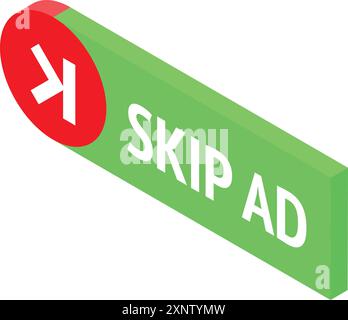 Green rectangle with rounded edges and a red circle with a white arrow pointing right, symbolizing the possibility to skip advertisement Stock Vector
