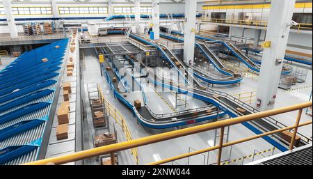 Parcels, Cardboard Boxes and Packages Lying on a Conveyor Belt at a Modern Logistics Center with Automated Sorting Technology. VFX 3D Graphics in a Mail Delivery Warehouse Hub Stock Photo