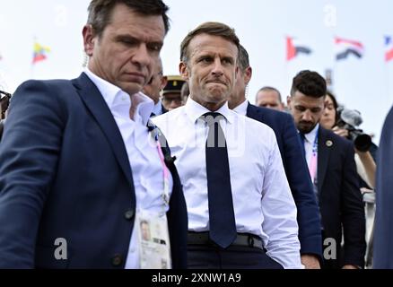 Paris, France. 02nd Aug, 2024. French President Emmanuel Macron attends the Equestrian Jumping Team final at the Paris 2024 Olympic Games, on Friday 02 August 2024 in Paris, France. The Games of the XXXIII Olympiad are taking place in Paris from 26 July to 11 August. The Belgian delegation counts 165 athletes competing in 21 sports. BELGA PHOTO DIRK WAEM Credit: Belga News Agency/Alamy Live News Stock Photo