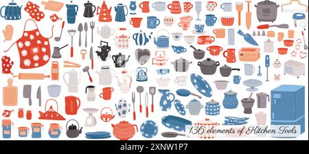 Set of vector kitchen equipments isolated on white background. kitchen tools objects big collection. Stock Vector
