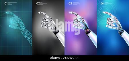 Steel robotic versions of hands in virtual background space. Stock Vector