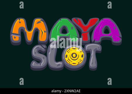 Stone text - Maya slot. Logo for ancient Mayan theme slot. Cartoon style. UI design, gambling mobile app concept for the themed Casino Game Stock Vector