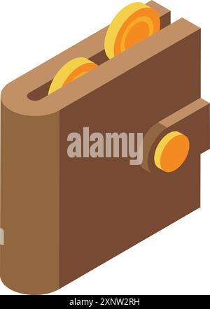 Brown leather wallet holding golden coins isometric illustration represents personal finance and money management Stock Vector