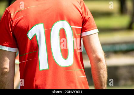 unrecognizable football player seen from behind with a red shirt with the number 10 on it Stock Photo