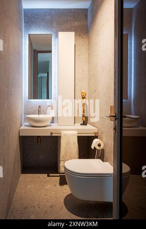 Small luxurious bathroom. There is a toilet, a sink, a mirror and a small closet to store things. Walls and floor covered in granite. No one inside Stock Photo