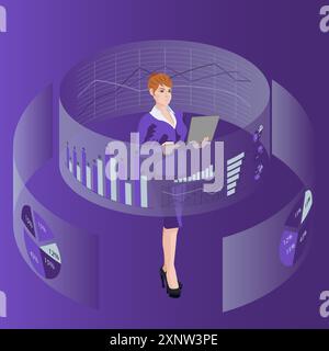 Woman researching information from reports and surveys. Business concept. Flat vector illustration. Stock Vector