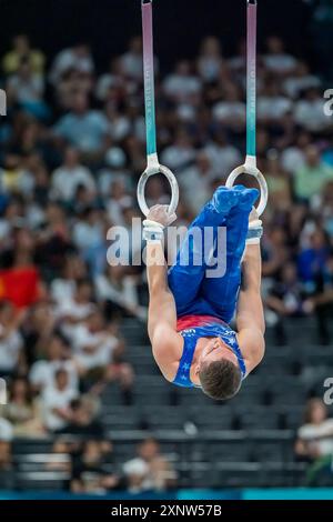 July 31 2024 Paris Ile de France France Paul Juda USA of the United States competes in the Men s All Around Finals at the Stade de France Stadium during the 2024 Paris Summer