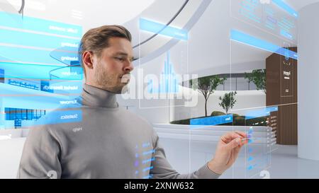 Handsome Man Standing in a Futuristic Virtual Space, Interacting with an Augmented Reality Hologram with Business Data, Financial Reports, Stock Market Statistics, Infographics and Charts Stock Photo
