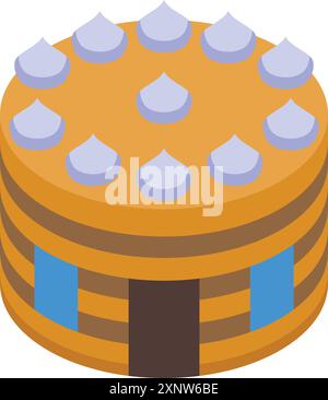 Round honey cake building with white icing and windows is designed in isometric view Stock Vector