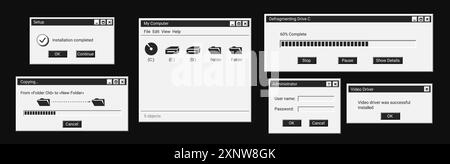 Set of digital message in black style. Old dark computer windows. Stock Vector