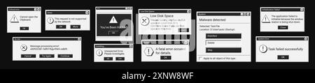 Set of error window messages in black color. Warning dark digital messages in old style. Stock Vector
