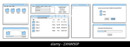 Set of old window for operating system on blue color. Digital loading bar. Stock Vector