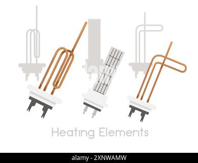 Set of various heating elements used in water heaters. Wet and dry heater element. Bent copper tube. Vector illustration isolated on white background Stock Vector