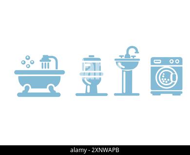 Simple icons representing household: bathtub, toilet, sink, and washing machine. Minimalistic simple design, blue color. Vector illustration isolated Stock Vector