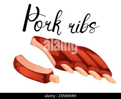 Tasty grilled pork ribs delicious dish. Meat are depicted with a glistening glaze. The elegant handwritten label suitable for BBQ menus and food art. Stock Vector