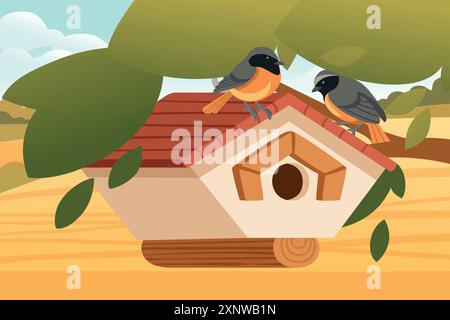Charming birdhouse with a red roof, hanging from a tree branch with common redstart birds. Birdhouse triangular design with a round entrance and a sma Stock Vector