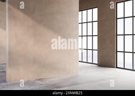 A room with a tan wall and a black window. The room is empty and has a very simple design Stock Photo