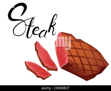 Tasty fried meat steak delicious dish. The stylish handwritten label ideal for steakhouse menus and culinary guides. Vector illustration isolated on w Stock Vector