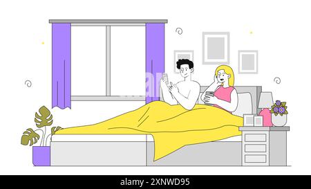 Couple lying with phones. Man and woman lying in bed with smartphones. Dependence on social networks and messengers. People with gadgets. Linear Stock Vector