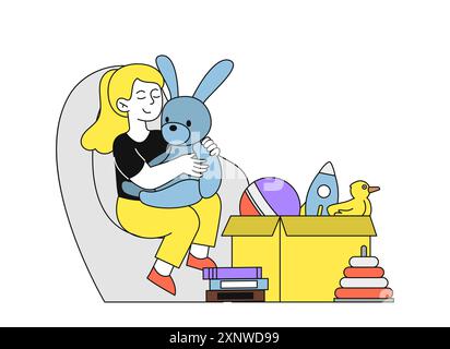 Child with toys. Girl sits with soft rabbit near cardboard box with pyramids. Fun and leisure indoors. Kid in childrens room. Linear vector Stock Vector