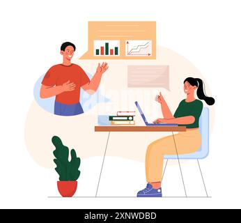 Business conference online. Woman with laptop watching lecture or seminar on Internet. Collaboration and cooperation, partnership and teamwork. Flat Stock Vector