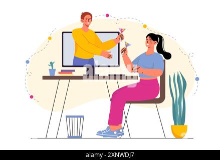 Couple with online meeting. Man and woman communicate on social networks via video call. Romantic date on internet. Remote party. Flat vector Stock Vector