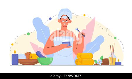 Woman with spa. Girl in towels applies cream to face. Skin care procedures and beauty treatment. Cleanliness and hygiene. Woman struggling with Stock Vector