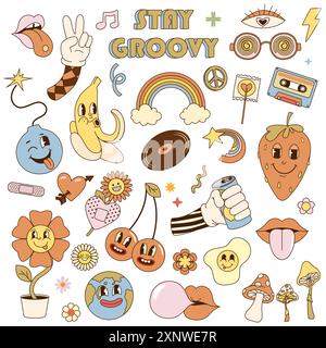 Groovy elements. Vintage 60s groovy stickers, funky 70s hippie icons. Psychedelic mushroom, daisy and rainbow, bomb and soda, retro vinyl record, audio cassette tape. Positive vibe vector set Stock Vector