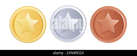 Game coins. Golden, silver and bronze metal coin or game chip with star, front view avers. 3d realistic vector isolated elements for online games, casino gambling prize Stock Vector