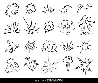Doodle bomb explosion, cartoon comic clouds of boom bang, vector dynamite blast cloud. Bomb explode or TNT explosive comic effect of crash and bang pop spark with flash clouds in doodle line. Stock Vector