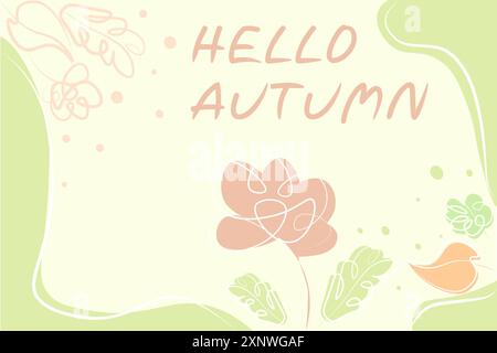 Autumn background with red flowers and green leaves. Horizontal background in pastel colours. Text. Stock Vector