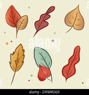 Set of colourful autumn leaves on light background. Yellow and red leaves are laid one by one and in pairs. For postcards. Stock Vector