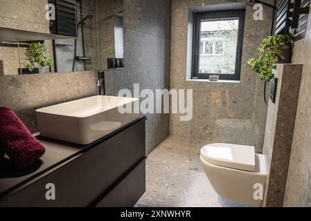 Interior of a modern bathroom featuring sleek tile walls and concrete floor design. Interior of a modern bathroom with tile walls and concrete. Modern Stock Photo