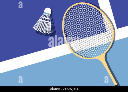Badminton racket and shuttlecock lies on badminton court, view from above, sport poster, vector Stock Vector