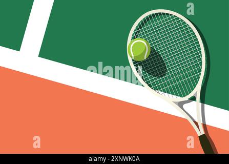 Lawn tennis racket and ball lies on tennis court, view from above, sport poster, vector Stock Vector