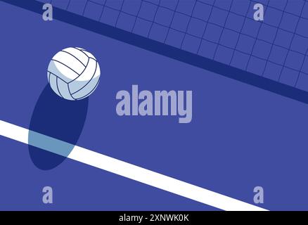 Volleyball ball casts a shadow on volleyball court, top view, volleyball net shadow and ball, view from above, poster with space for text, vector Stock Vector