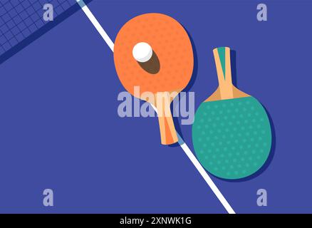 Two ping-pong rackets and ball on table, table tennis net shadow, competition poster, view from above, vector Stock Vector