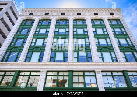 Detroit, USA - July 25, 2024: Exterior  architectural details of the L. B. King and Company Building in the downtown district Stock Photo