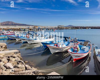 Small fishing boats pangas in the inner harbor in Loreto, Baja California Sur, Sea of Cortez, Mexico, North America Copyright: MichaelxNolan 1112-8957 Stock Photo