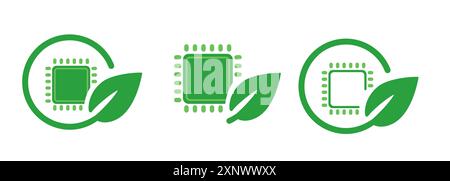 Green eco processor symbol icon of microprocessor leaf chipset data center power consumption Stock Vector