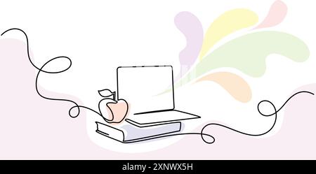 Book stack with notebook and apple over. Corner frame. Stock Vector