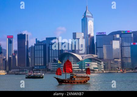 A Red Sail Junk in Hong Kong Harbour, Hong Kong, Special Administrative Region of the People s Republic of China, China, Asia Copyright: NeilxFarrin 1 Stock Photo