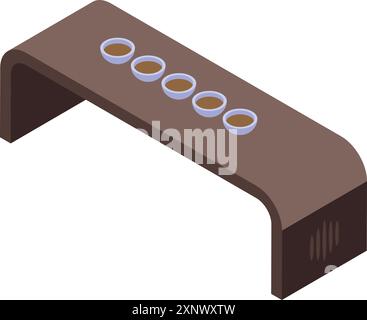 Wooden tea table with a row of cups containing a dark liquid, ready for a traditional tea ceremony Stock Vector