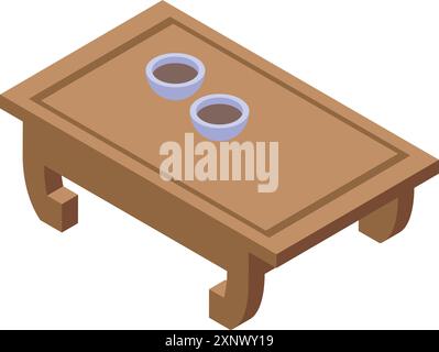 Small low wooden coffee table with two cups standing in room interior, isometric view Stock Vector
