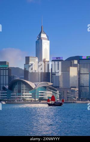 A Red Sail Junk in Hong Kong Harbour, Hong Kong, Special Administrative Region of the People's Republic of China, China, Asia Stock Photo