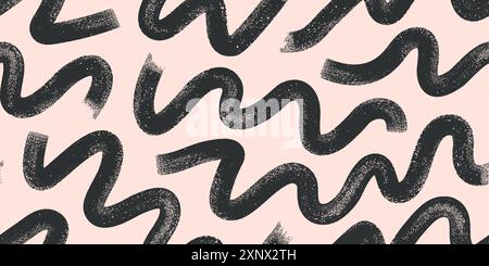 Bold wavy grunge lines. Horizontal black hand drawn brush strokes vector seamless pattern. Geometric ink lines background. Stock Vector